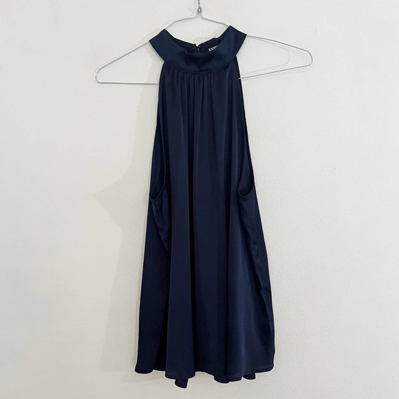 NWOT Express Halter Top Blouse Women's Size XL Blue Satin Drape 100% Polyester - Picture 1 of 7